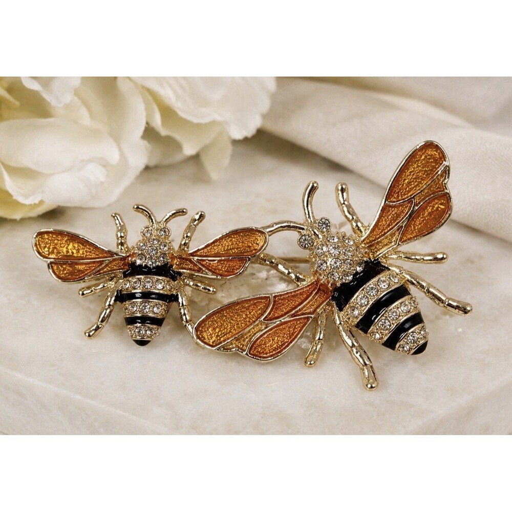 Napier Honey Bee Duo Brooch Pin  Crystal Jeweled Enameled Bees 2.5" x 1.5"